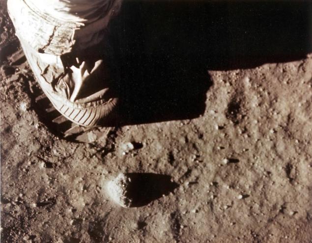 Man on the moon - NASA image shows Apollo 11 commander Neil Armstrong's right foot leaving a footprint in the lunar soil as he and Edwin "Buzz" Aldrin become the first men to set foot on the surface of the moon.