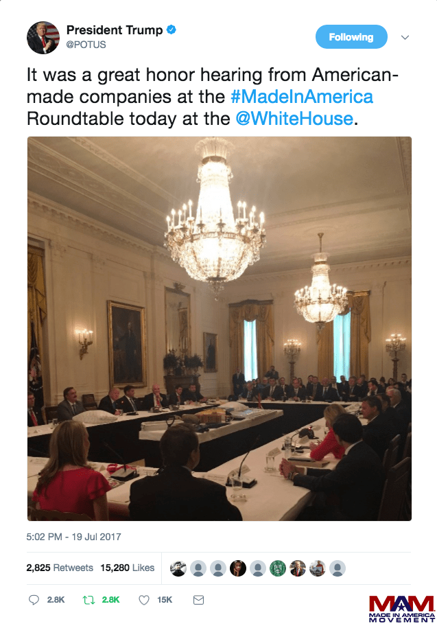 President Trump Tweet about Made in America Roundtable with Margarita Mendoza and Kurt Uhlir 1a
