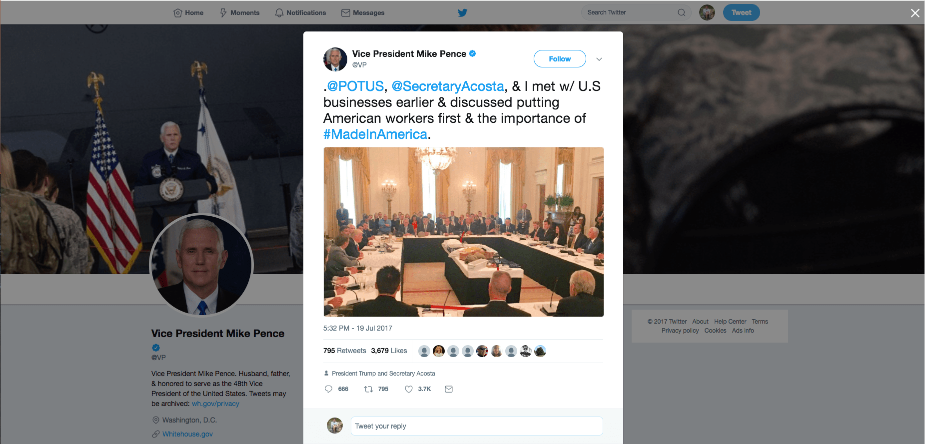 Vice President Mike Pence Tweet - Made in America Roundtable - Margarita Mendoza and Kurt Uhlir 14a