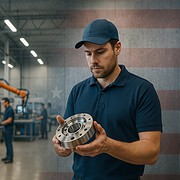 American factory worker assembling products with USA flag in background
