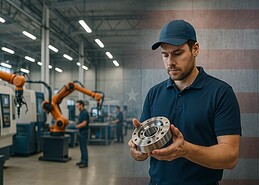 American factory worker assembling products with USA flag in background