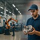 American factory worker assembling products with USA flag in background